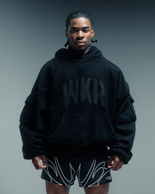 Black WKR Heavyweight Double Layered Utility Hoodie  - SS4