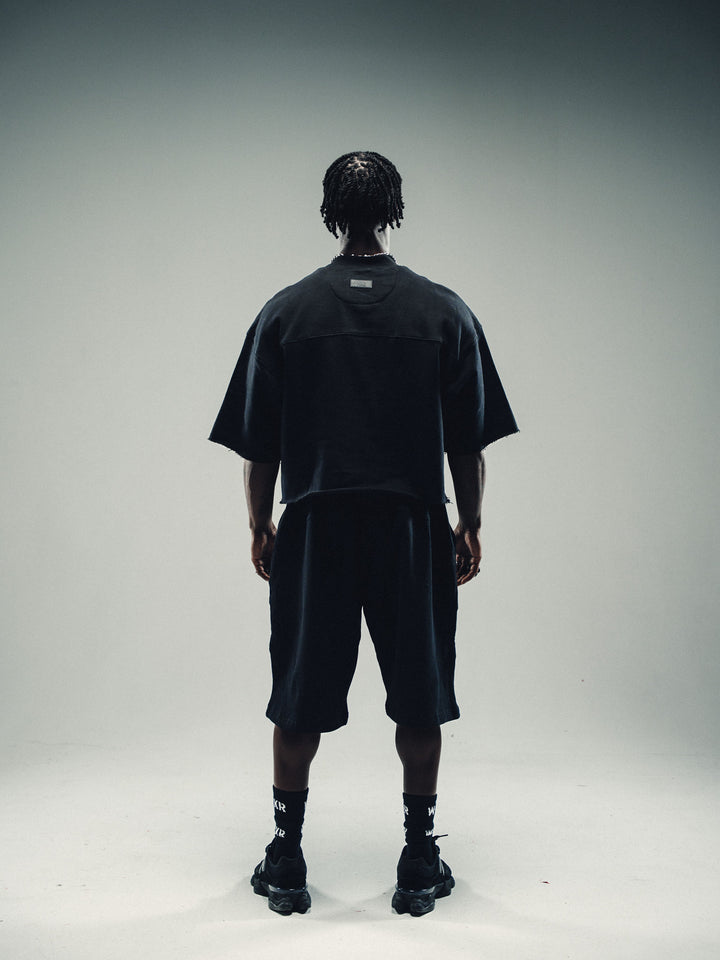 Black 3/4 Sleeve Heavy Crop Paneled Pullover - Core II