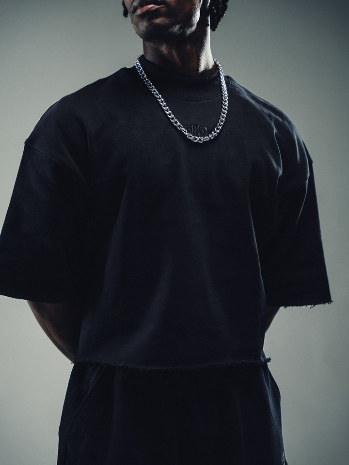 Black 3/4 Sleeve Heavy Crop Paneled Pullover - Core II
