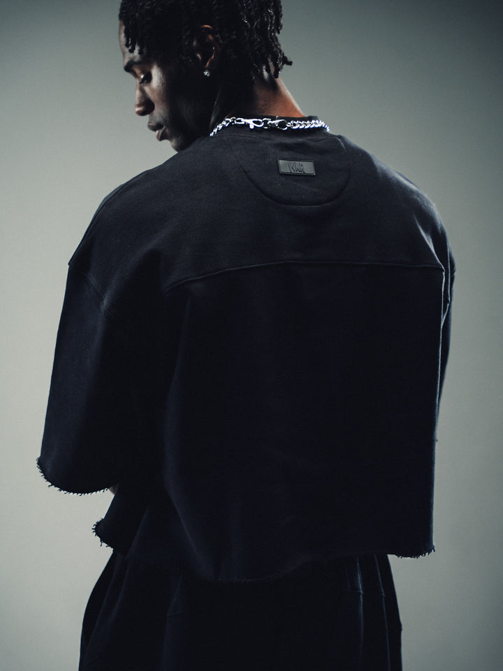 Black 3/4 Sleeve Heavy Crop Paneled Pullover - Core II