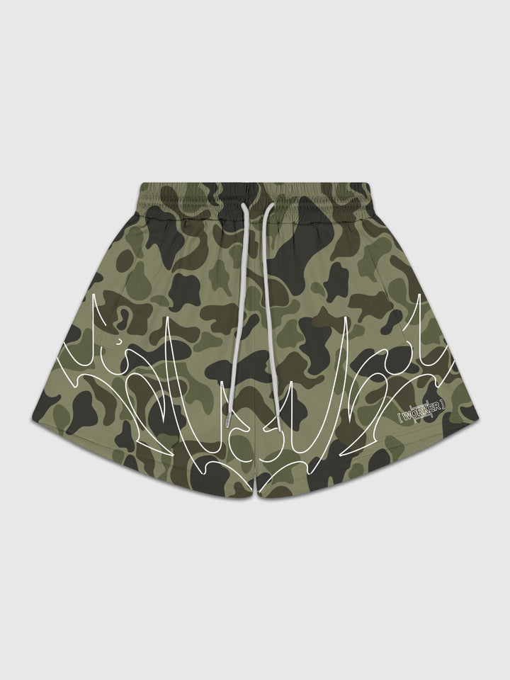 Green Camo Tribal Flame Short flatlay front